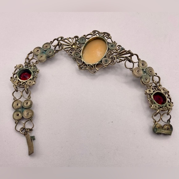 Antique Early 1900s Carved Shell Cameo Filigree Necklace & Bracelet Set - Picture 12 of 16